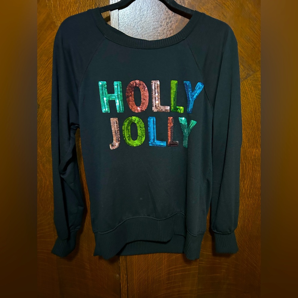 Black 'Holly Jolly' sequined lightweight Sweatshirt size medium